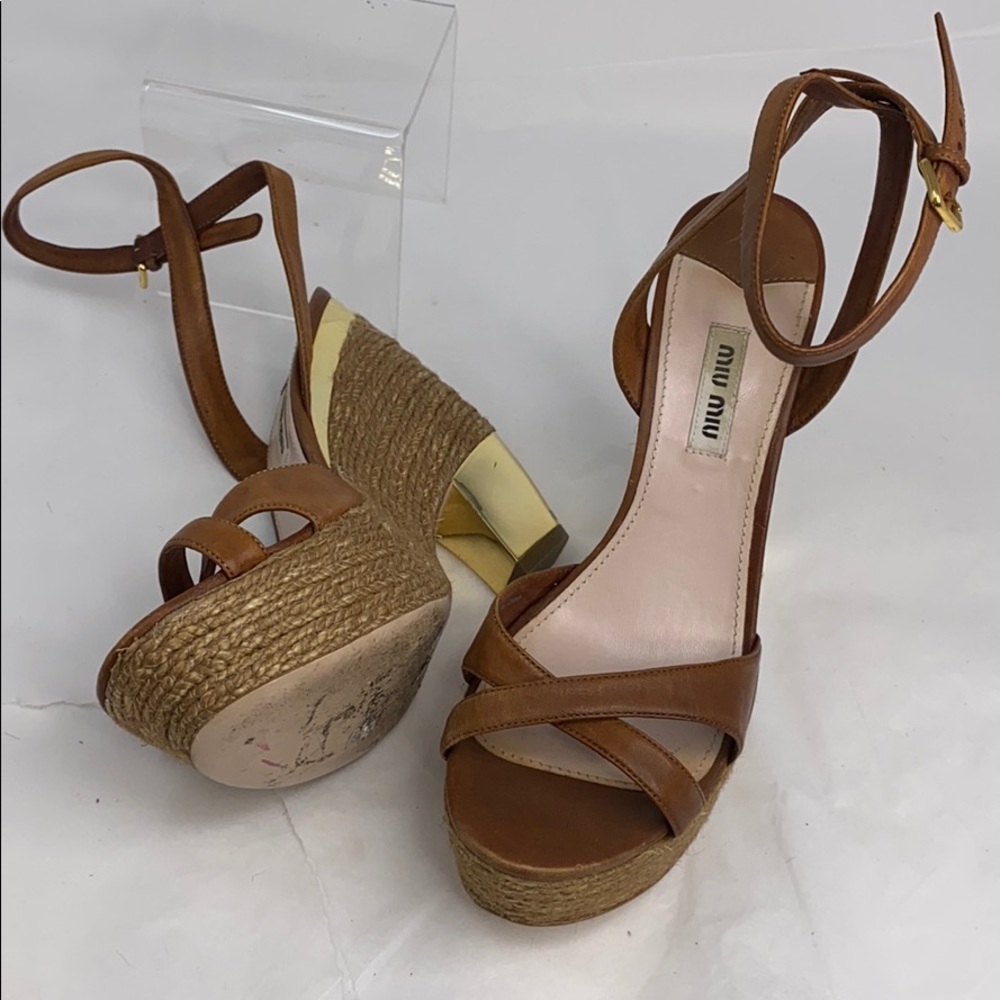 MIU MIU Prada Sz 38 Leather Espadrille Heel Wedges - Picture 4 of 16